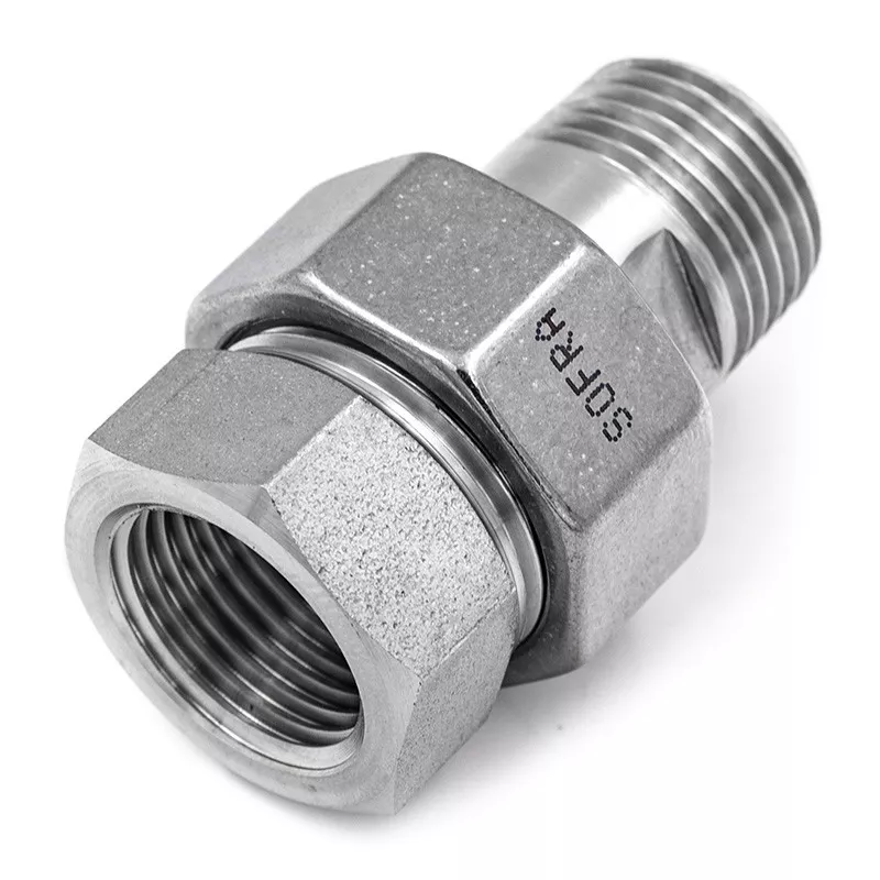 Raccord Union 3 pièces Mâle Femelle en inox 316L avec écrou octogonal et joint PTFE Série J06  - SOFRA INOX